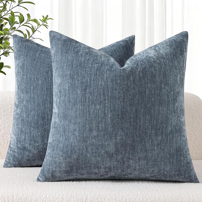 decorUhome Soft Chenille Haze Blue Throw Pillow Covers 16X16 Set of 2 | Decorative Fall Couch Pillow Covers Solid Dyed Accent Modern Farmhouse Neutral Square Pillow Cases for Sofa