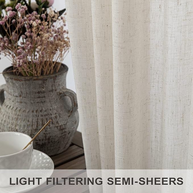 Cream Curtains 96 Inches Long for Living Room 2 Panels Back Tab Loop Pocket Soft Natural Linen Draperies Light Weight Airy Semi Privacy Sheer Curtains for Bedroom Dining Cottage Urban Decor 8 FT Tall