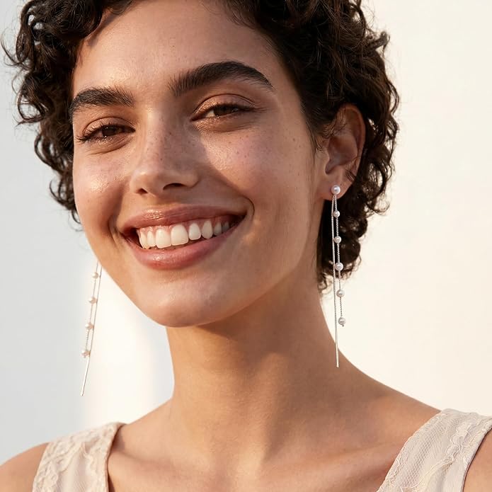 SLUYNZ Solid 925 Sterling Silver Simulated Shell Pearl Dangle Earrings Chain for Women Teens Elegant Long Dangle Earrings Tassel Wedding Bridal Earrings Prom Party Engagement Jewelry