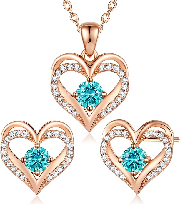 CDE Jewelry Sets for Women Love Heart Pendant Necklaces Earrings, 925 Sterling Silver with Birthstone Zirconia, Birthday Jewelry Gift for Wife Girlfriend Her
