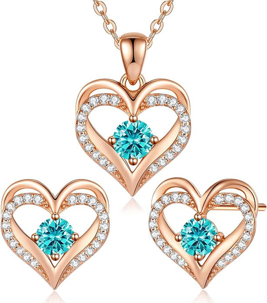 CDE Jewelry Sets for Women Love Heart Pendant Necklaces Earrings, 925 Sterling Silver with Birthstone Zirconia, Birthday Jewelry Gift for Wife Girlfriend Her