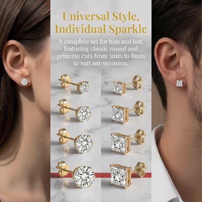 12 Pairs Stud Earrings Set, 3-8mm Cubic Zirconia Earrings for Women & Men 316L Stainless Steel Earring Hypoallergenic Small Earring Nickel Free