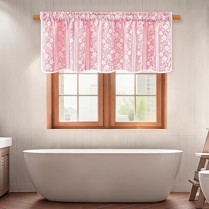 ASPMIZ Pink Valances for Windows Farmhouse Valance Curtains for Kitchen, Double Layer Kitchen Curtains with Linen Lace, Rod Pocket Window Valances for Small Window, Cafe, Bathroom, Living Room, 52x18