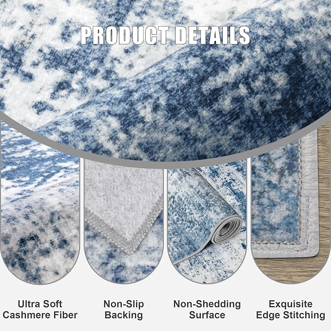 4x4 Area Rug Living Room Rug: Washable Modern Abstract Soft Thin Rug Indoor Floor No Slip Stain Resistant Carpet for Bedroom Dining Room Farmhouse Nursery Home Office - Blue