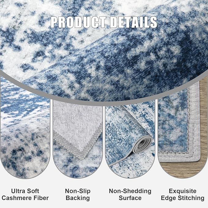 Washable Area Rug 2x3 Entryway Rug: Washable Modern Abstract Soft Thin Rug Indoor Floor No Slip Stain Resistant Carpet for Bedroom Dining Room Farmhouse Nursery Home Office - Blue