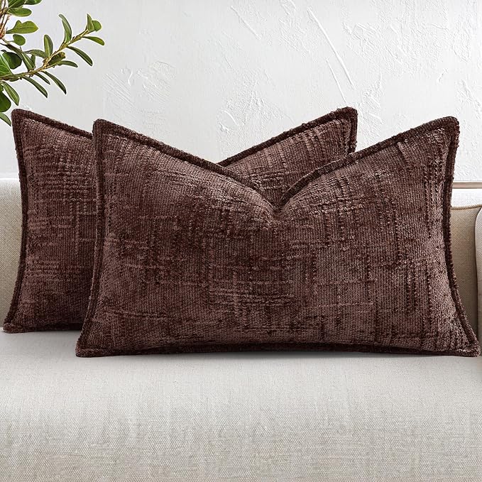 decorUhome Chenille Decorative Throw Pillow Covers 12x20 Set of 2,Brown | Soft Texture, Slubby Modern Design, Flange Edges, Cozy Lumbar Accent Pillow Covers for Couch, Sofa, Bed, Living Room