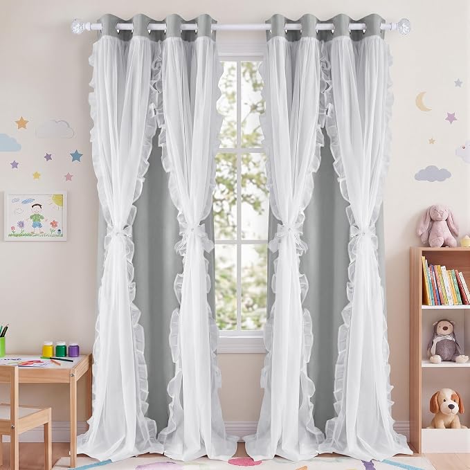 PONY DANCE 100% Blackout Curtains for Girl's Bedroom, Double Layer Grommet Curtain 84 inch Long with Sheer Overlay for Living Room, Nursery Kids Toddler Room Decor, Light Grey, 52" W x 84" L, 2 Panels