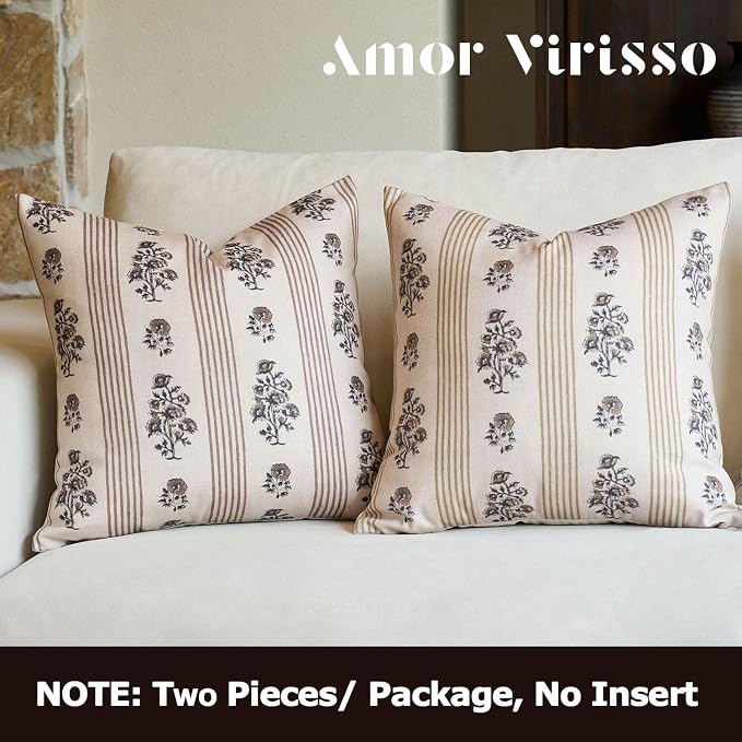 Amor Virisso Farmhouse Floral Throw Pillow Covers 18x18 Set of 2 Block Print Pillow Covers Neutral Boho Floral Striped Decorative Pillow Covers for Sofa Couch Bed, Brown