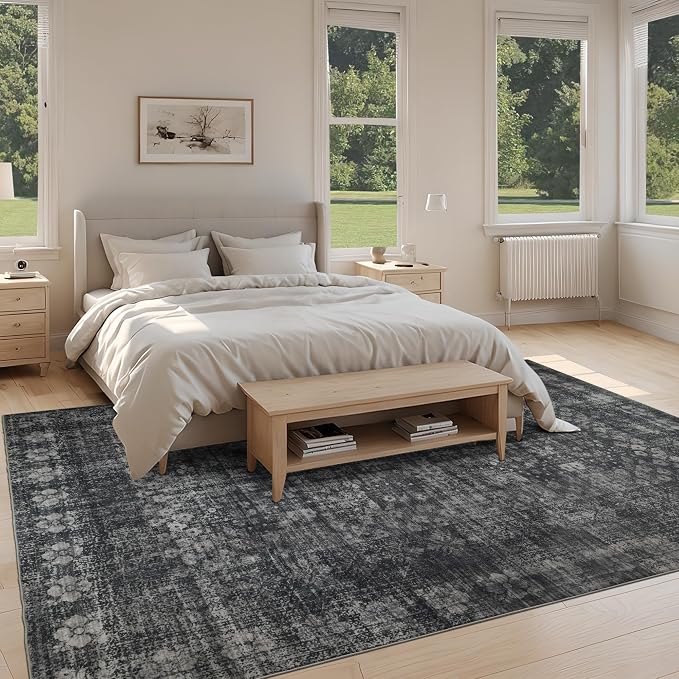 5x7 Vintage Washable Area Rug, Dark Black | Living Room,Low Pile,Non Slip,Non-Shedding,Soft Indoor Stain Resistant,Floral Print Mat for Bedroom Dining Room