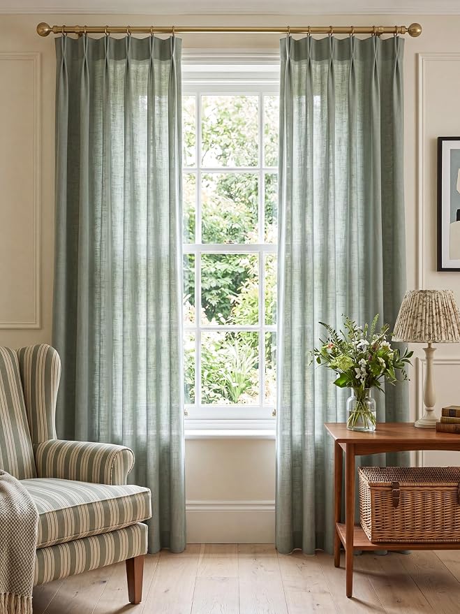 THREE GIRLS Pinch Pleated Linen Curtains 84 Inch Length 2 Panels, Light Filtering Linen Blend Drapes 40" W x 84" L, Sage Green Neutral Curtains for Living Room Bedroom with Hooks