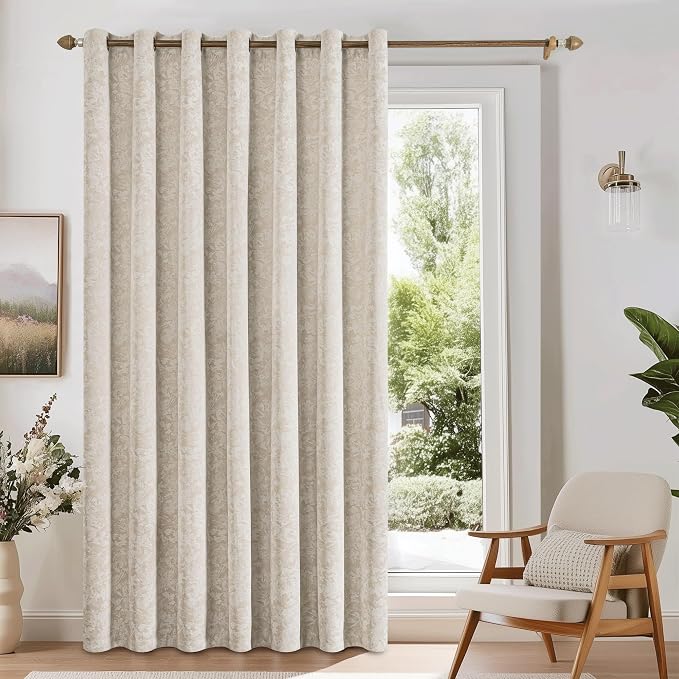 Beauoop Beige Floral Jacquard Blackout Sliding Door Curtains 100x84 1 Set | Flower Chenille Room Darkening Patio Curtains Extra Wide Room Divider Drapes Thermal Soundproof Window treatment Grommet