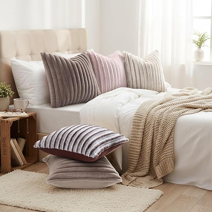 decorUhome Fall Faux Fur Throw Pillow Covers 26x26 Set of 2 Tan | Decorative Soft Cozy Striped Plush Modern Farmhouse Boho Couch Pillow Cases Velvet Back for Sofa Bed Living Room Home Decor