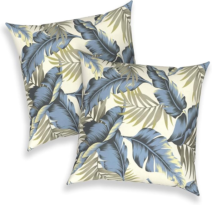 Outdoor 16x16 Inch Throw Pillow Covers Set of 2, Covers ONLY, All Weather Square Pillow Cases, Patio Cushion Pillow of Home Furniture Use, ‌Lush Palm Blue