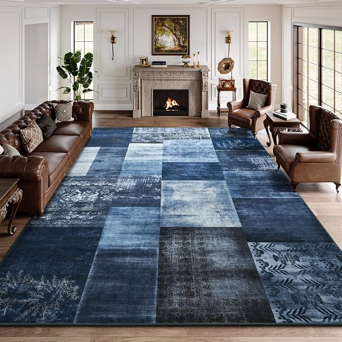DweIke Washable Area Rugs 9x12 for Living Room, Large Modern Geometric Navy Blue Soft Patchwork Carpet, Non-Slip Stain Resistant Throw Rug for Bedroom Dining Room Office Home Decor