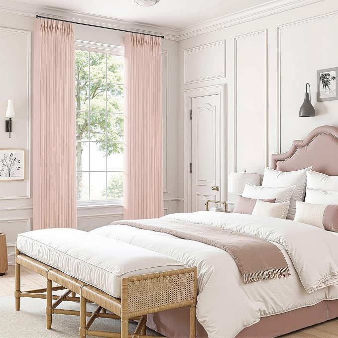 Light Pink Linen Curtains Pinch Pleated 120 Inch Length 2 Panels for Nursery Baby Girls Bedroom Semi Sheer Light Filtering Pleated Linen Curtains for Living Room Bedroom Dusty Blush Pink