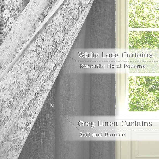 ASPMIZ Linen Kitchen Curtains 24 Inch Length, Double Layered Window Curtain 2 Panel Sets Rod Pocket Short Curtains for Kitchen, Farmhouse Window Treatment Tiers for Bathroom, Cafe, Grey