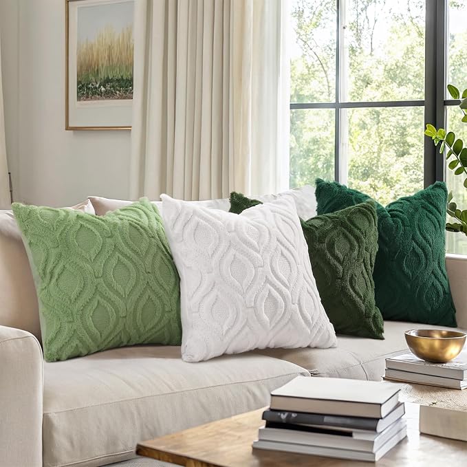 decorUhome Cream White Green Faux Fur Throw Pillow Covers 20x20 Set of 4 | Fall Soft Neutral Decorative Plush Couch Pillow Covers, Accent Modern Farmhouse Neutral Pillow Cases for Sofa Bed Living Room