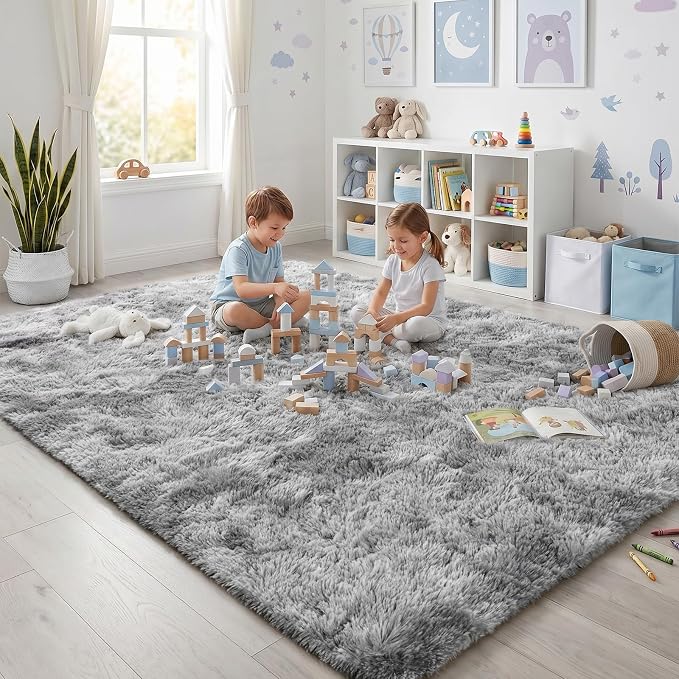 Fluffy 5x7 Area Rugs for Bedroom: Tie-dye Light Grey Soft Shag Rug for Living Room, Large Fuzzy Plush Indoor Floor Carpet Non Slip Modern Rug for Nursery Boys Girls Kids Room Playroom Dorms Home Decor
