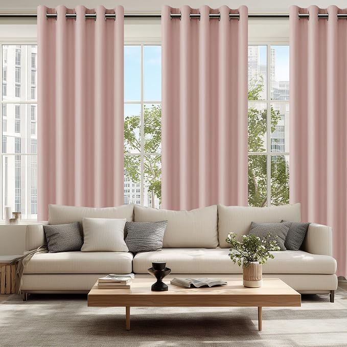 Hiasan Blackout Curtains for Bedroom, 60 x 84 Inches Long - Thermal Insulated Noise reducing Window Curtains for Living Room, 2 Drape Panels Sewn with Tiebacks, Blush