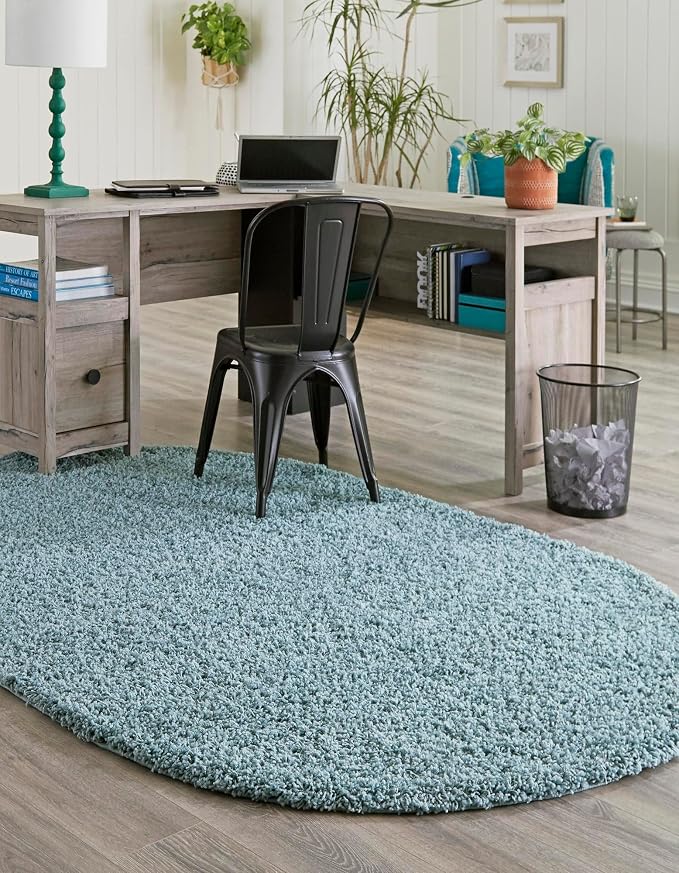 Unique Loom Solid Shag Collection Area Rug (7' 10" x 10' Oval, Light Slate Blue)