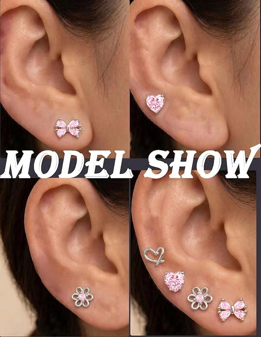 AKEOQI 10 Pairs Hypoallergenic Flat Back Earrings Gold Silver Plated Surgical Steel Small Stud Huggie Hoop Earring for Women Butterfly Flower Heart Bow Pink CZ Stack Cartilage Earrings Set 20G 10 MM