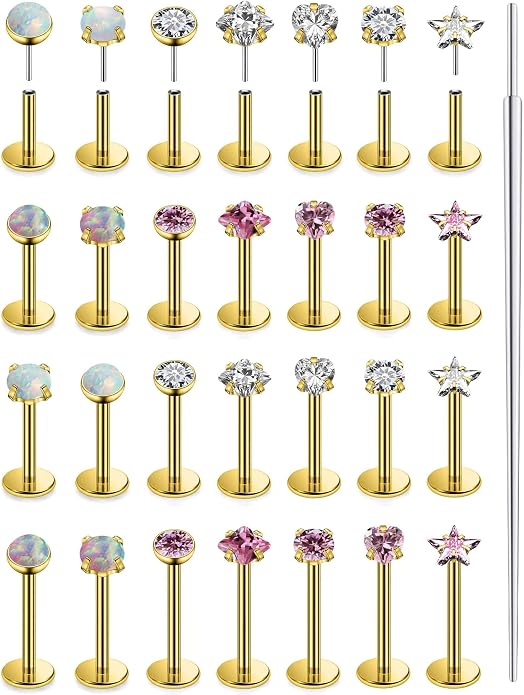 Vsnnsns 14K Gold Plated 16G 18G 20G Threadless Nose Rings Studs Flat Back Earrings Stainless Steel Tragus Helix Conch Earrings Stud Snake Bite Lip Rings Labret Medusa Piercing Jewelry for Women Men