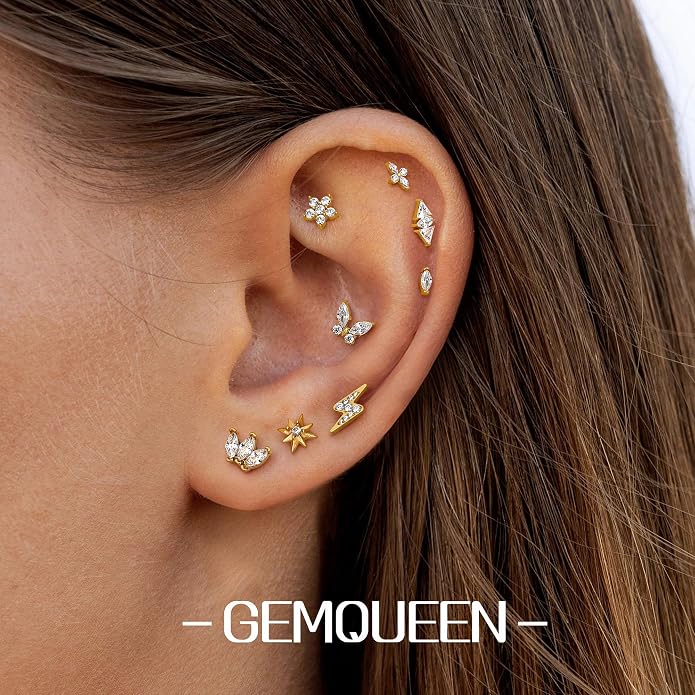 GEMQUEEN G23 Implant Grade Titanium 18G Internally Threaded Flat Back Earrings 5A CZ Studs: 14K Gold Hypoallergenic 3 Pcs Tragus Cartilage Conch Helix Piercing Jewelry for Sensitive Ears Women Men