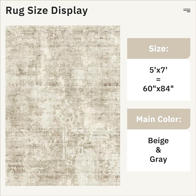 Soalmost Abstract Rug 5x7 Machine Washable Area Indoor Beige Gray White Low Pile Non-Slip Foldable Thin Accent Rugs for Bedroom Living Room Dining Room Grey