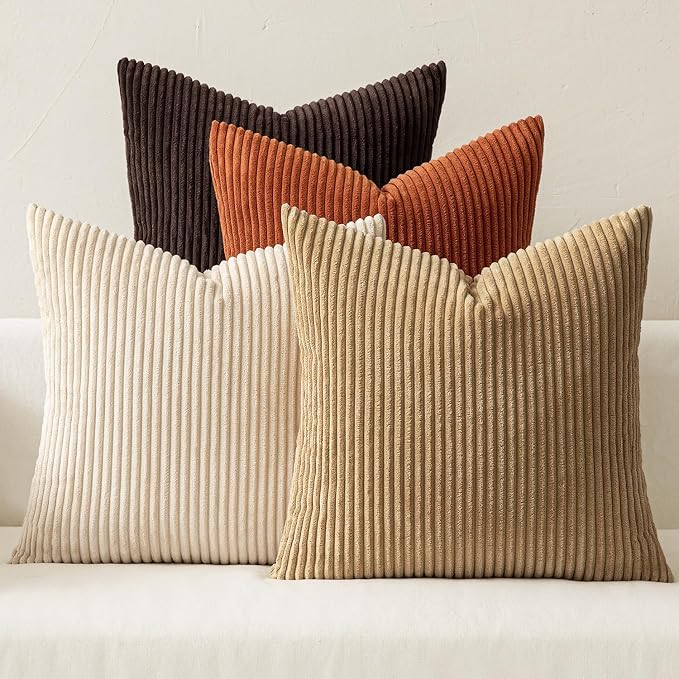 MIULEE Boho Farmhouse Throw Pillow Covers 20x20 Inch Set of 4 Rustic Mordern Neutral Cushion Covers Soft Corduroy Nordic Fall Home Decor for Couch Bed Sofa Living Room Chocolate Brown/Rust