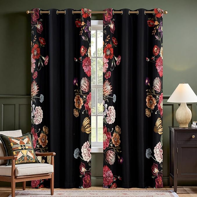 jinchan Black Floral Blackout Curtains 84 Inch Vintage Grommet 2 Panels | Room darkening, privacy, vibrant flower print, retro boho bohemian drapes, bedroom, living room, fall decor, window treatment