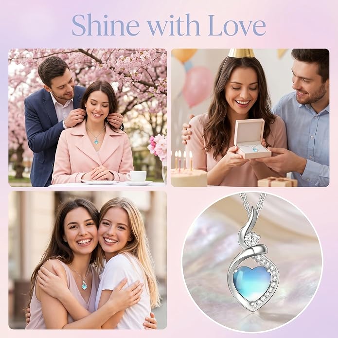 Heart Necklace 925 Sterling Silver Created Moonstone/Turquoise/Lapis Lazuli/Opal Heart Necklace Pendant Necklace Jewelry Gifts for Women