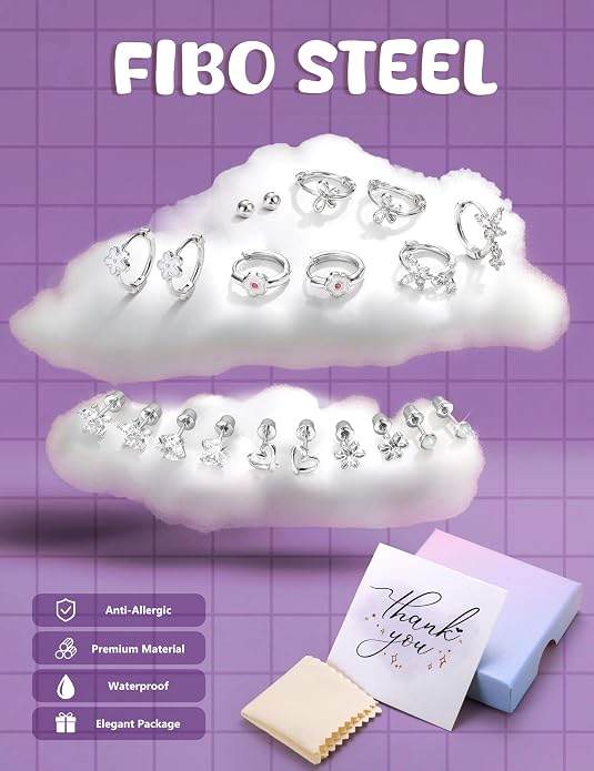 Hypoallergenic Screw Back Earrings for Girls Women - Surgical Steel 14K Gold Silver Plated Cute Toddler Little Girl Kids Earrings for Sensitive Ears Heart CZ Flower Stud Hoop Earring Sets 10 Pairs