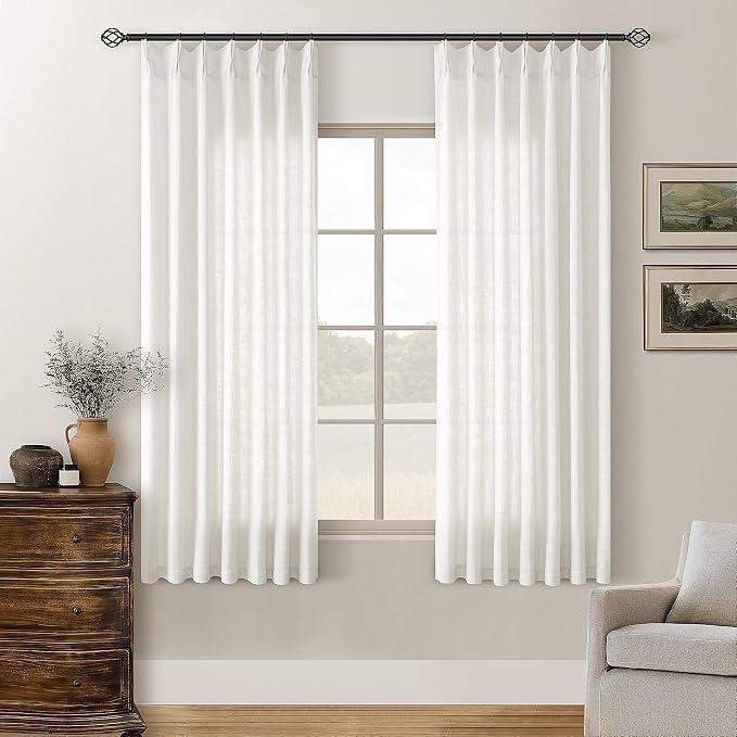 TWODRAPES Beige White Pinch Pleated Linen Curtains 63 Inch Length 2 Panels | for Dining Living Room Bedroom Window, Memory Shape Trained, 400GSM Fabric, Semi Sheer, Pinch Pleat with Hooks Rings 40x63