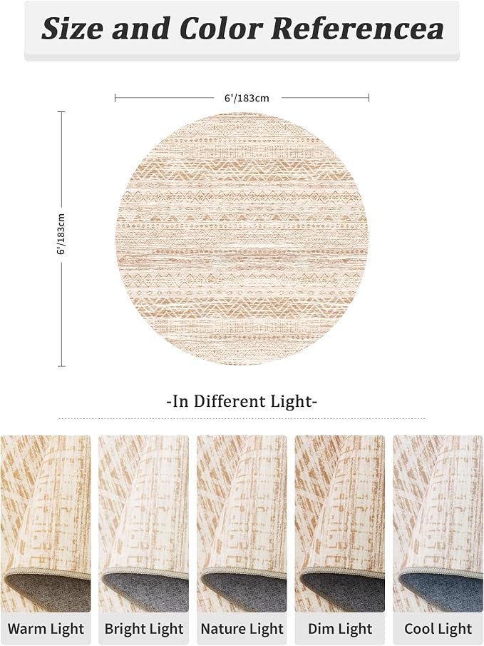 Miukiki Round Rugs 6ft for Living Room Moroccan Washable Circle Rug Non Slip Indoor Floor Carpet Foldable Area Rug for Dining Room with Low Pile(Beige,6'x6')