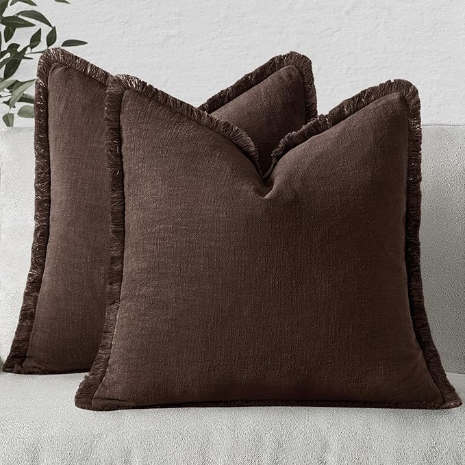 MIULEE Decorative Throw Pillow Covers Neutral Linen Fringe Throw Pillows Euro Shams Set of 2 Dark Brown Boho Farmhouse Cushion Covers for Couch Sofa Bed Living Room Fall Home Decor 24x24 Inch