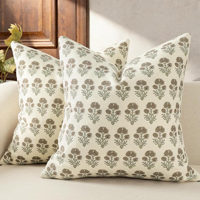Farmhouse Floral Pillow Covers 24x24 Set of 2, Country Botanical Throw Pillow Cover for Sofa Couch Bed Living Room, Earthic Vintage Flower Cushion Covers Cottage Home Décor,Earth Meadow
