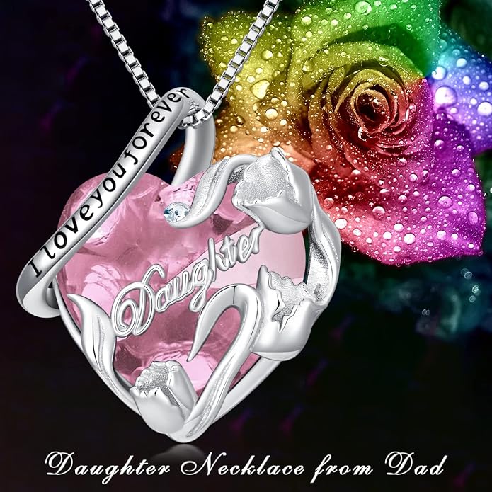 PROESS S925 Sterling Silver Daughter Heart Pendant Necklace from Dad Mom I Love You Forever Jewelry