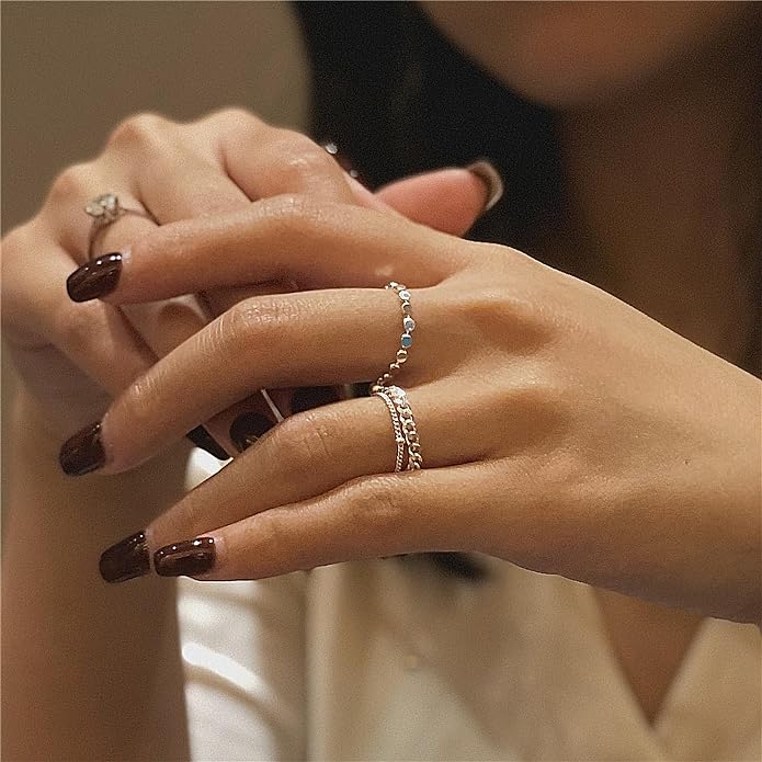 925 Sterling Silver Link Chain Fidget Rings with Dangle Bead Star for Women 14k Gold Plated Adjustable Sparkling Twist Rope Ring Stackable Line Finger Ring Jewelry Christmas Gifts for Mom