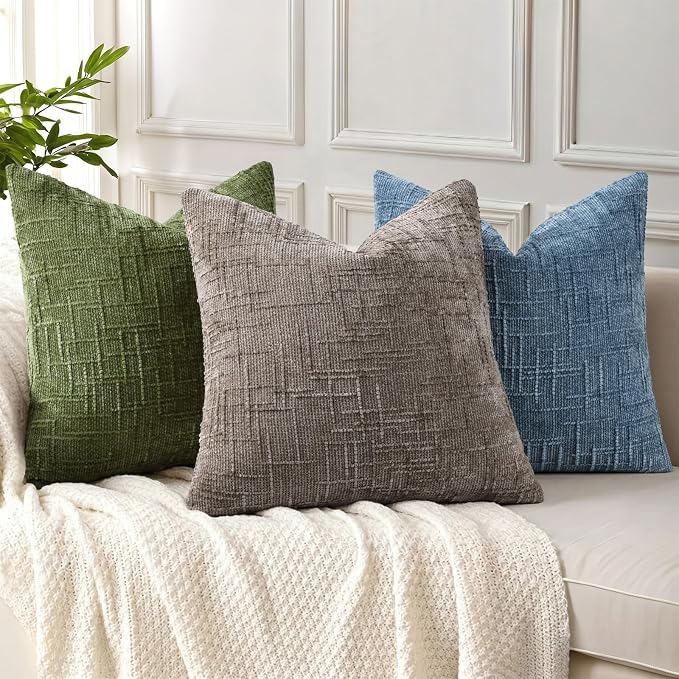 decorUhome Textured Chenille Throw Pillow Covers 18x18 Set of 2 Taupe | Fall Modern Farmhouse Soft Cozy Slubby Couch Pillow Cases Boho Decorative Pillow Cases for Bed Sofa Living Room Home Decor