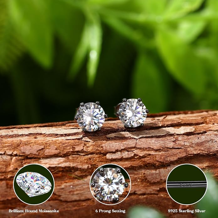 Moissanite Stud Earrings : 18K White Gold Plated Solid 925 Sterling Silver Earring Hypoallergenic Dainty Flat Back Stud Earrings Jewelry for Women Men D Color VVS1 Clarity