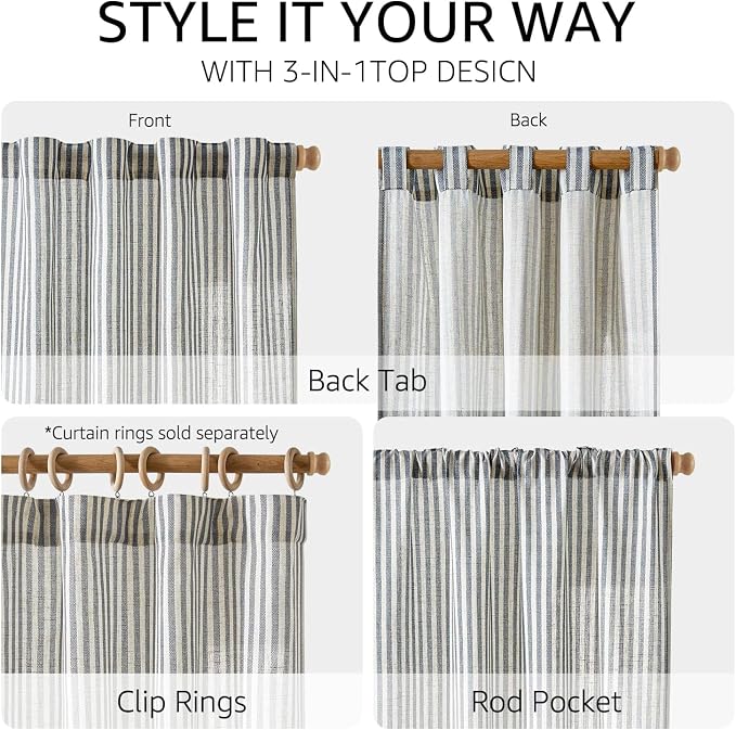jinchan Linen Curtains 84 Inch Blue Stripe on Beige Back Tab 4 Panels | Curtains For Living Room Bedroom,Ticking Stripe Pattern, Farmhouse Cottage Core Rustic,Window Treatment,Light Filtering