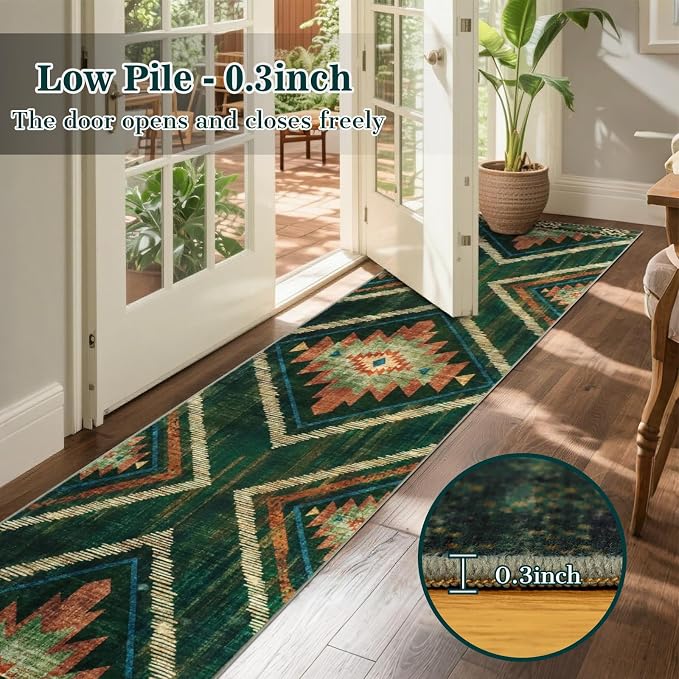 2x10Ft Boho Runner Rugs for Hallway Non Slip, Green Washable Kitchen Rugs, Soft Moroccan Farmhouse Entryway Runner, Low Pile Geometric Floor Carpet for Entrance Bedroom Home Decor