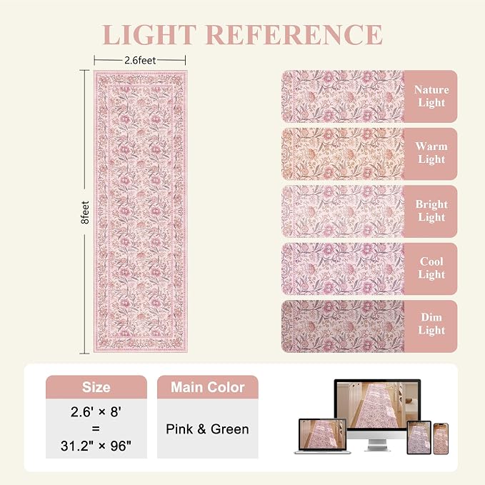 DUKINO 2.6x8 Runner Rug, Washable Vintage Floral Kitchen Runners Rug, Pink | Non Slip, Low Pile, Non-Shedding Soft Carpet for Hallway Bathroom Laundry Entryway Bedroom Farmhouse, Kids and Pets Friendly