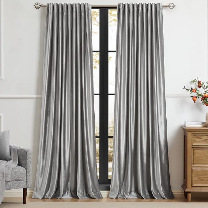100% Full Blackout Silver Grey Velvet Curtains 108 inch Long for Living Room,Set of 2 Panels Liner Rod Pocket Back Tab Thermal Window Curtains Room Darkening Heavy Decorative Drapes for Bedroom
