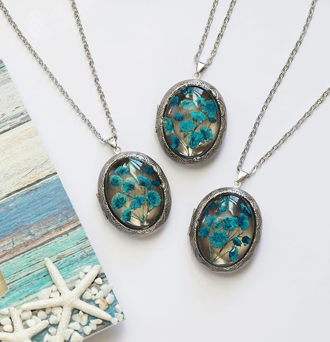 Handmade Oval Shaped Photo Locket with dried Pressed Flowers Locket pendant Necklace