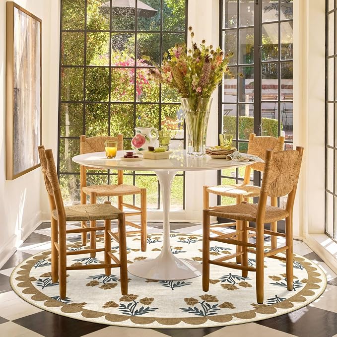 Beige 4ft Round Rug for Entryway - Washable Floral Boho Farmhouse Scalloped Round Area Rug for Bedroom Non Slip Stain Resistant Circle Rugs for Living Room Entryway Bathroom Nursery Apartment