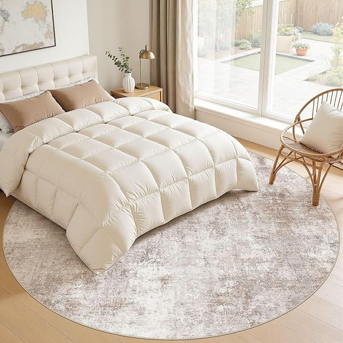 8ft Round Area Rugs for Living Room, 8x8 Washable Non Slip Soft Large Rugs for Bedroom Dining Room, Modern Abstract Low Pile Stain Resistant Carpet for Laundry Office Home Decor - Brown