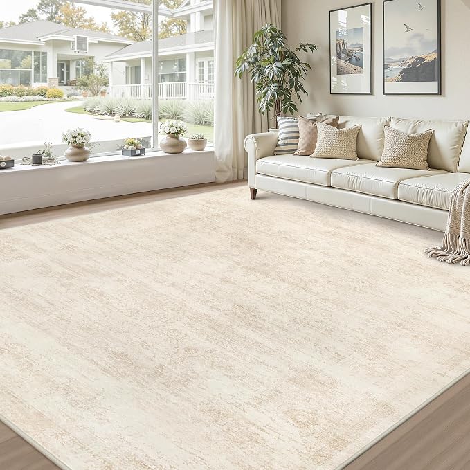 10x12 Area Rug for Living Room: Vintage Boho Neutral Washable Rug Indoor Soft Large Area Rug Carpet for Bedroom Nursery Farmhouse Dining Room Office Floor Non-Slip Low Pile Under Table Rug Retro Beige