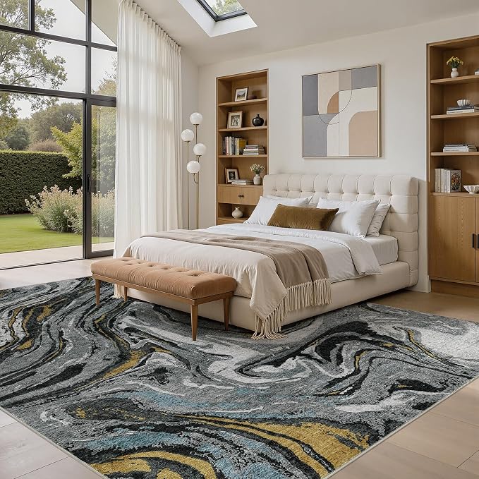 DMOYEST 6x9 Area Rug for Living Room - Washable Neutral Modern Abstract Rugs Soft Non-Slip Carpet Low Pile Indoor Floor Mat for Bedroom & Dining Room Decor for Families with Kids and Pet-Black Golden