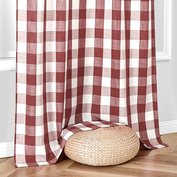 Red Gingham Buffalo Plaid Window Curtain Panel 63 Inch Rod Pocket | Burgundy Buffalo Check Window Treatment,Yarn Dyed Semi Sheer Fabric,Rustic Farmhouse Drapes Bedroom Living Room,40"Wx63"Lx2
